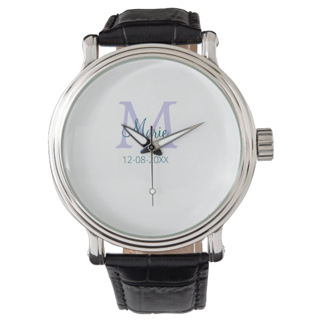 simple minimal add name monogram purple green date watch (Front)