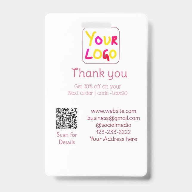 simple minimal add your logo/design here text Q R ID Badge (Front)