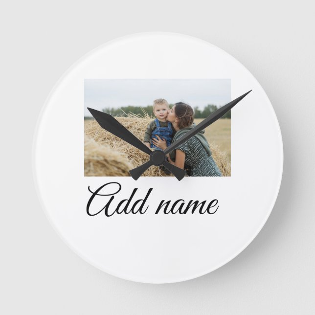 simple minimal add your mum photo name mum gift  round clock (Front)