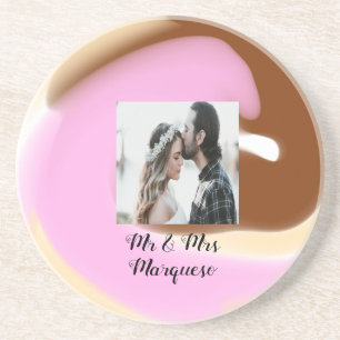 simple minimal add your name photo pink yellow bro coaster