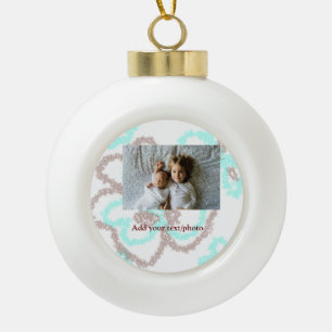 simple minimal ADD YOUR PHOTO TEXT blue glitter Th Ceramic Ball Christmas Ornament