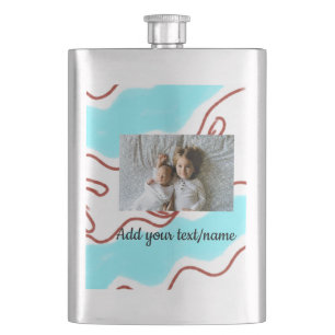 simple minimal ADD YOUR PHOTO TEXTblue watercolor Hip Flask