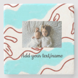 simple minimal ADD YOUR PHOTO TEXTblue watercolor Stone Coaster