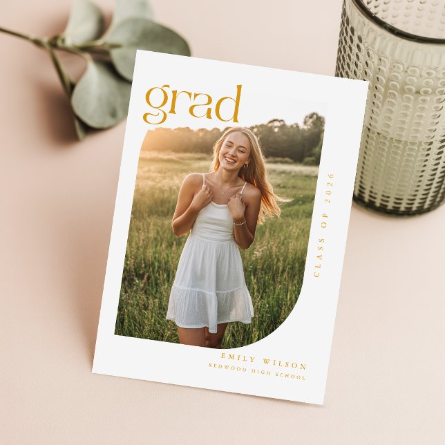 Simple Minimal Arch Photo Graduation Gold Script Postcard (Creator Uploaded)