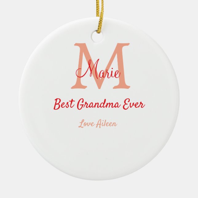 simple minimal best Grandma ever red monogram text Ceramic Ornament (Front)