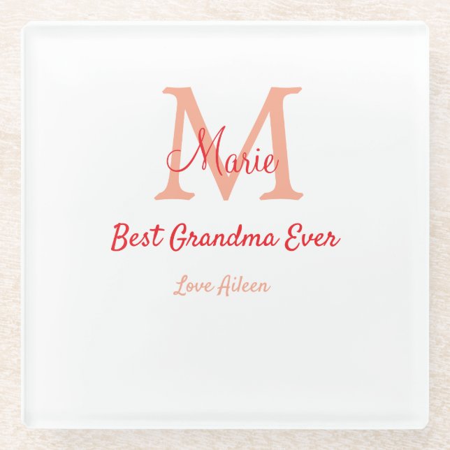 simple minimal best Grandma ever red monogram text Glass Coaster (Front)
