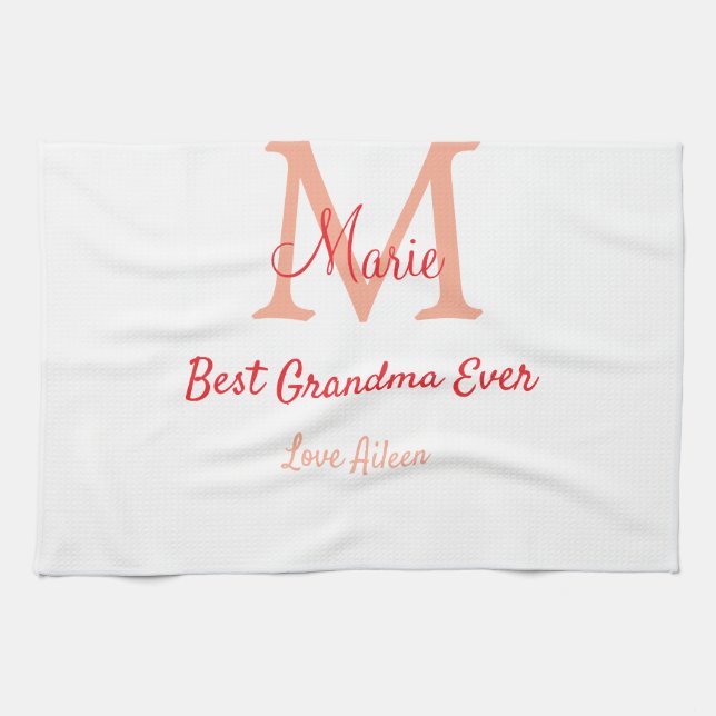 simple minimal best Grandma ever red monogram text Tea Towel (Horizontal)