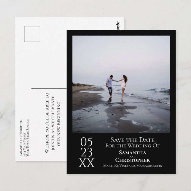 Simple Minimal Black Wedding Save the Date Photo Postcard (Front/Back)
