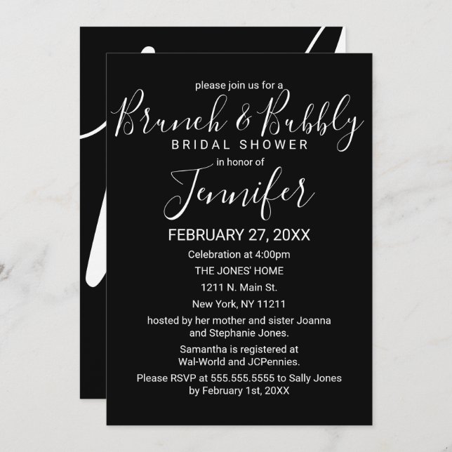 Simple Minimal Black White Brunch and Bubbly Invitation (Front/Back)