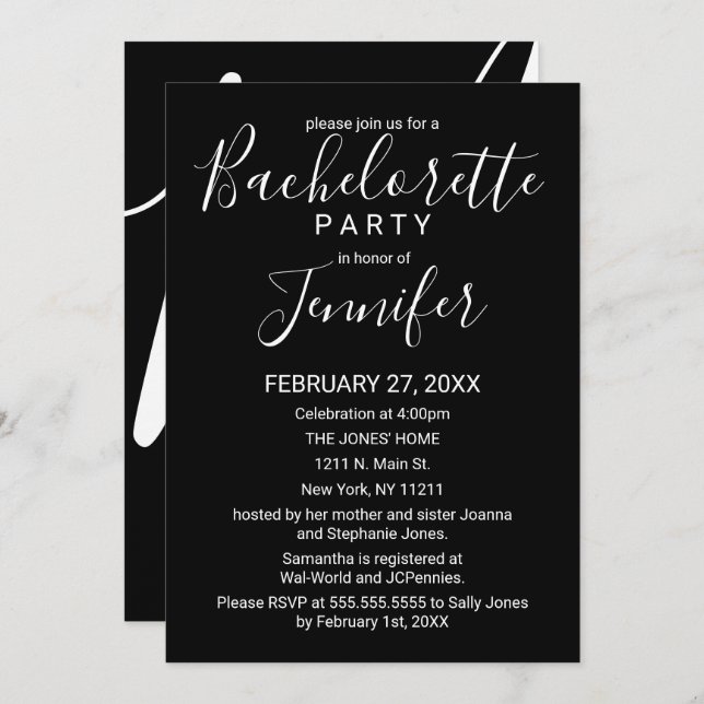 Simple Minimal Black White Typography Bachelorette Invitation (Front/Back)