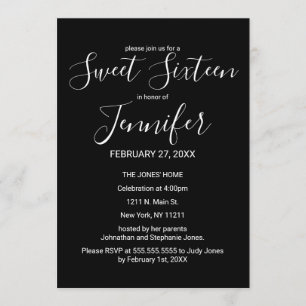 Simple Minimal Black White Typography Sweet 16 Invitation