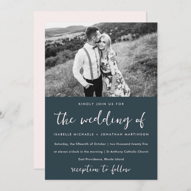 Simple Minimal Blue Blush Photo Wedding Invitation (Front/Back)