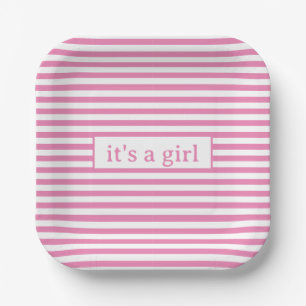 Simple Minimal Cute Pink and White Stripes Paper Plate