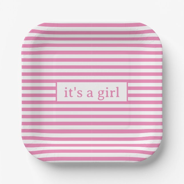 Simple Minimal Cute Pink and White Stripes  Paper Plate (Front)