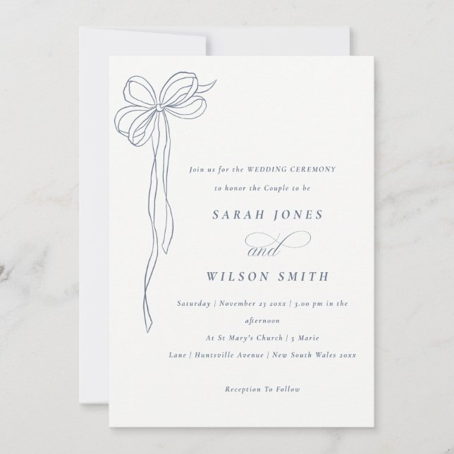 Simple Minimal Dusky Blue Coquette Bow Wedding Invitation (Front)