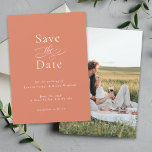 Simple Minimal Elegant Wedding Save the Date Card<br><div class="desc">A classically elegant wedding Save the Date Card with simple minimalist styling in orange with white typography. This tasteful design features classic serif lettering, joined with an elegant calligraphy element spelling out the word - the. The back of the card has a photo template for adding your chosen photo. Personalise...</div>