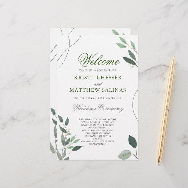 Simple Minimal Eucalyptus Greenery Wedding Program (Front/Back In Situ)