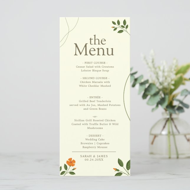 Simple Minimal Eucalyptus Leaves Greenery Dinner  Menu (Standing Front)