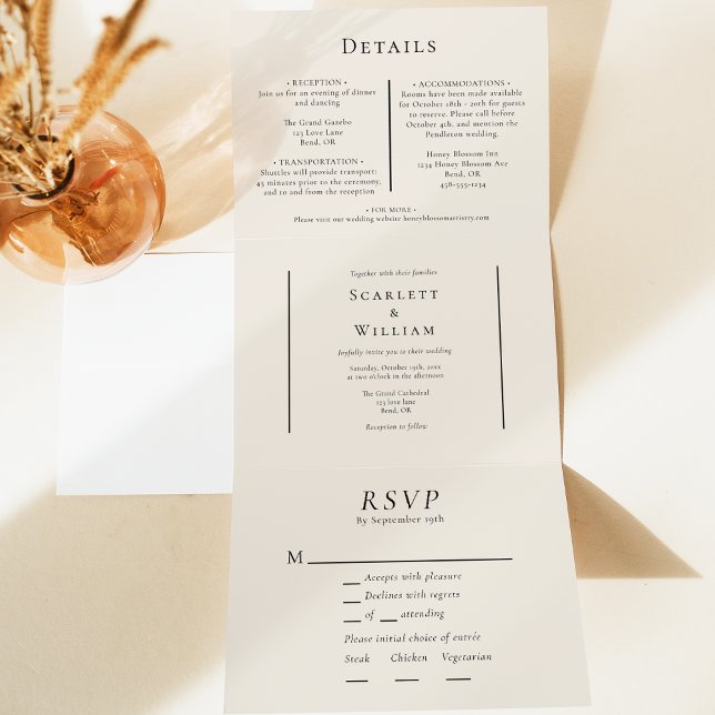 Simple Minimal Fall Leaf Cream Entree RSVP Wedding Tri-Fold Invitation (Creator Uploaded)
