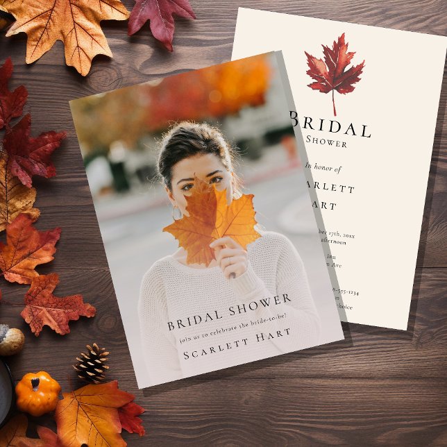 Simple Minimal Fall Leaf Cream Photo Bridal Shower Invitation (Creator Uploaded)