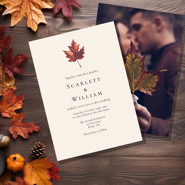Simple Minimal Fall Leaf Cream Photo Wedding Invitation (Creator Uploaded)