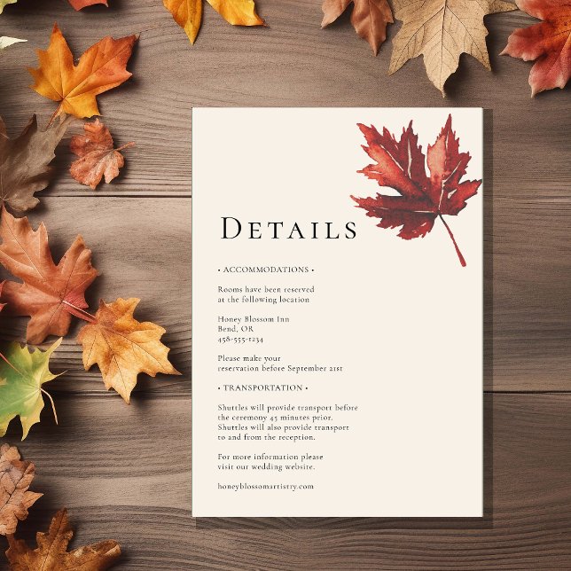 Simple Minimal Fall Leaf Cream Wedding Details Enclosure Card (Creator Uploaded)