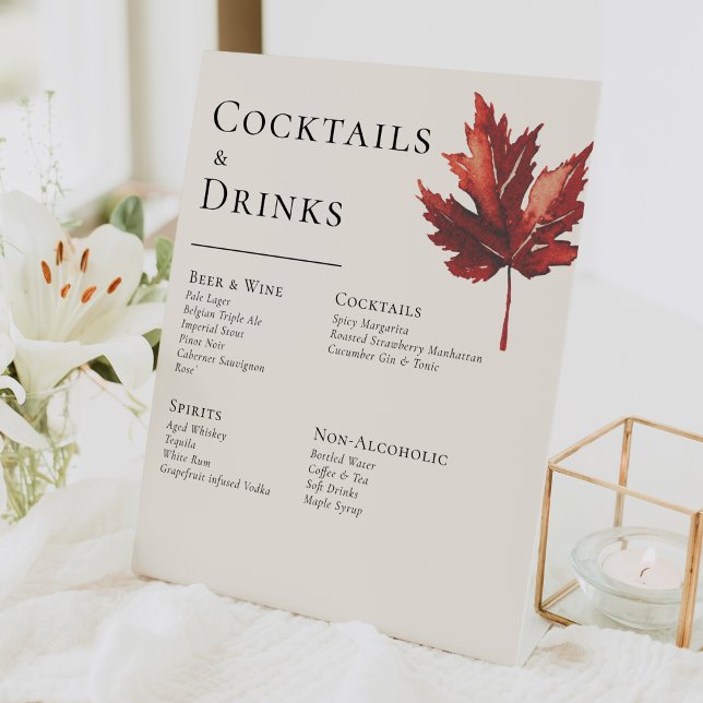 Simple Minimal Fall Leaf Cream Wedding Drinks Bar Pedestal Sign (Creator Uploaded)