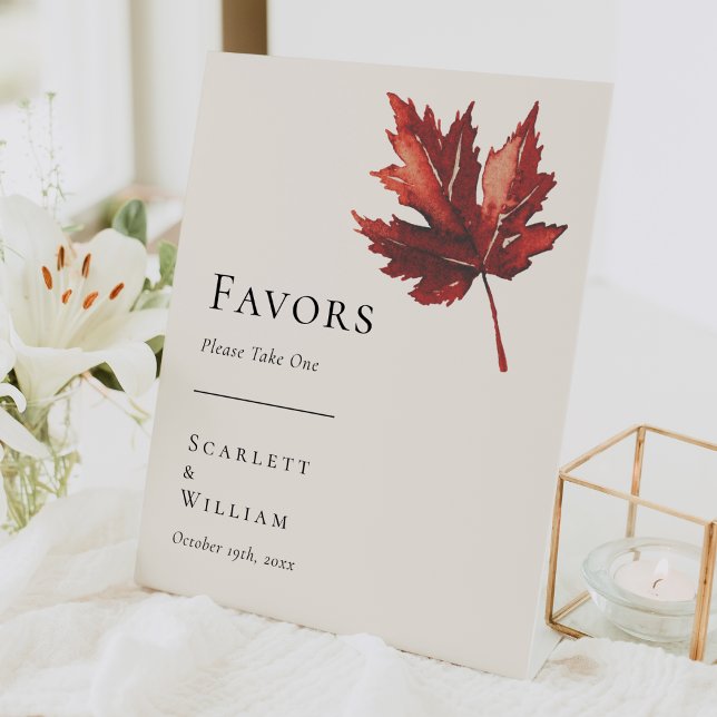 Simple Minimal Fall Leaf Cream Wedding Favours Pedestal Sign (Creator Uploaded)