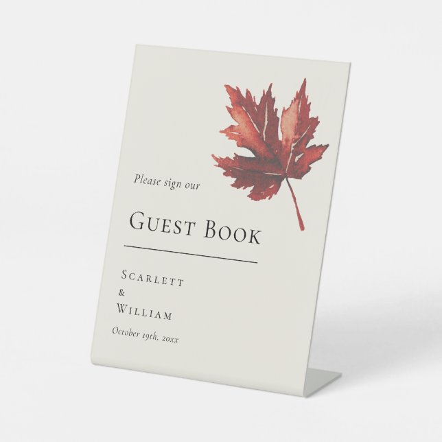 Simple Minimal Fall Leaf Cream Wedding Guest Book Pedestal Sign (Front)