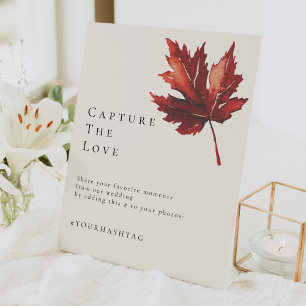 Simple Minimal Fall Leaf Cream Wedding Hashtag Pedestal Sign