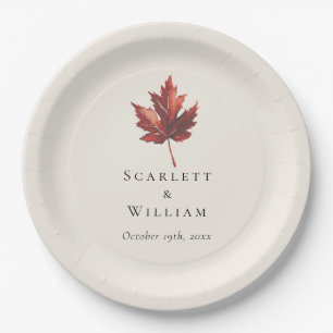 Simple Minimal Fall Leaf Cream Wedding Paper Plate