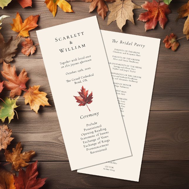Simple Minimal Fall Leaf Cream Wedding Program (Creator Uploaded)