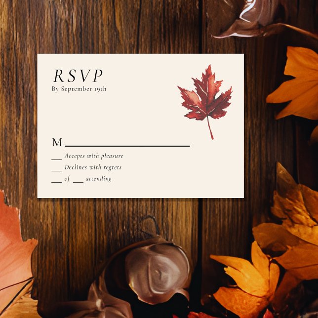 Simple Minimal Fall Leaf Cream Wedding RSVP (Creator Uploaded)