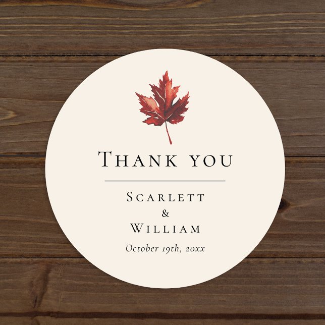 Simple Minimal Fall Leaf Cream Wedding Thank You Classic Round Sticker (Creator Uploaded)