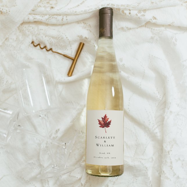 Simple Minimal Fall Leaf Cream Wedding Wine Label (Creator Uploaded)
