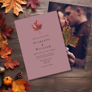 Simple Minimal Fall Leaf Mauve Photo Wedding Invitation