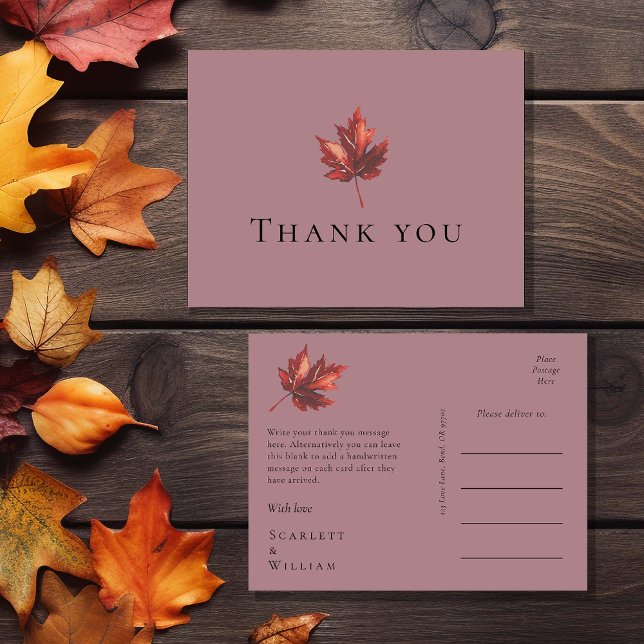 Simple Minimal Fall Leaf mauve Wedding Thank You Postcard (Creator Uploaded)