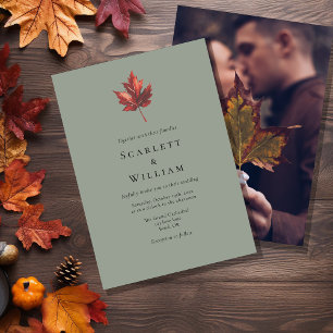 Simple Minimal Fall Leaf Sage Green Photo Wedding Invitation