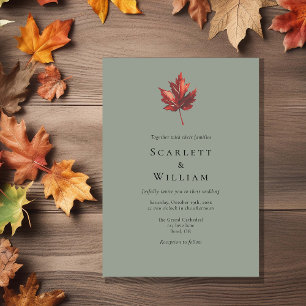 Simple Minimal Fall Leaf Sage Green Wedding Invitation