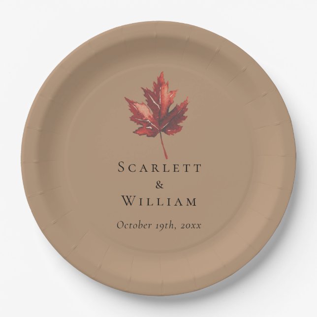 Simple Minimal Fall Leaf Terracotta Wedding Paper Plate (Front)