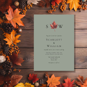 Simple Minimal Fall Sage Green Monogram Wedding Invitation