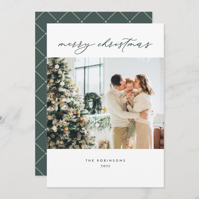 Simple Minimal Forest Green Merry Christmas Photo Holiday Card (Front/Back)