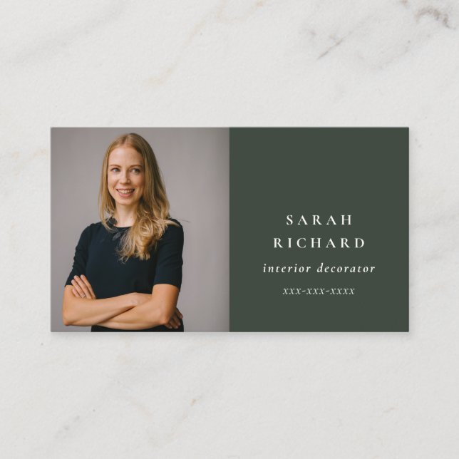 Simple Minimal Forest Green Professional Photo Business Card (Front)