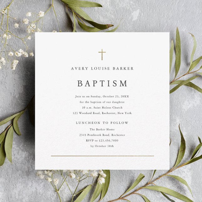 Simple Minimal Gold Cross Religious Baptism Invitation (Creator Uploaded)