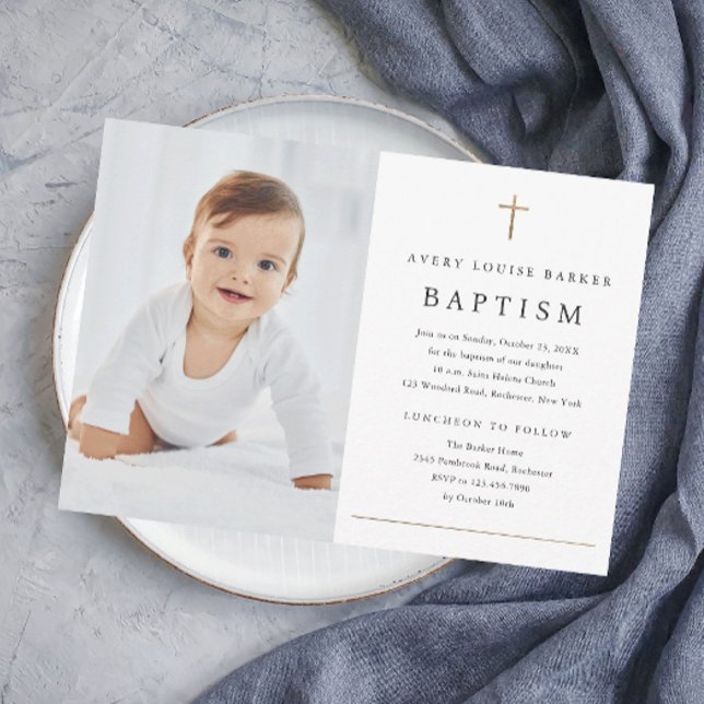 Simple Minimal Gold Cross Religious Baptism Invitation (Elegant simple photo baptism invitation with gold accents and minimalist typography.)