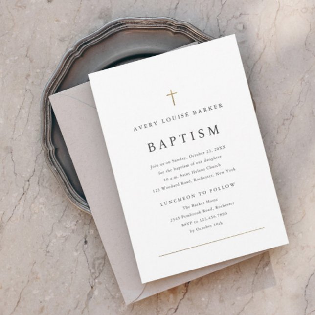 Simple Minimal Gold Cross Religious Baptism Invitation (Creator Uploaded)