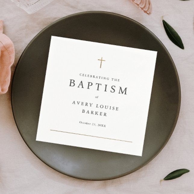 Simple Minimal Gold Cross Religious Baptism Napkin (Elegant simple baptism napkin with minimal gold cross and typography.)
