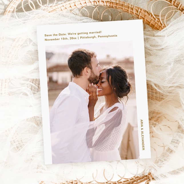 Simple Minimal Gold Photo Wedding Save the Date Postcard (Creator Uploaded)