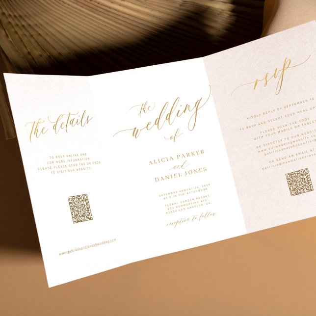 Simple minimal gold script RSVP details QR wedding Tri-Fold Invitation (Creator Uploaded)