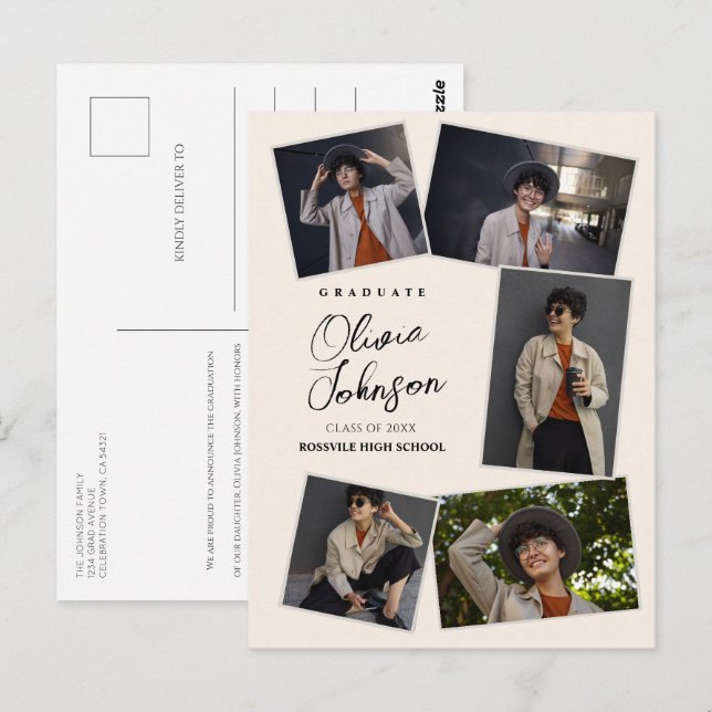 Simple Minimal Graduate Beige 6 Photo Announcement Postcard (Front/Back)